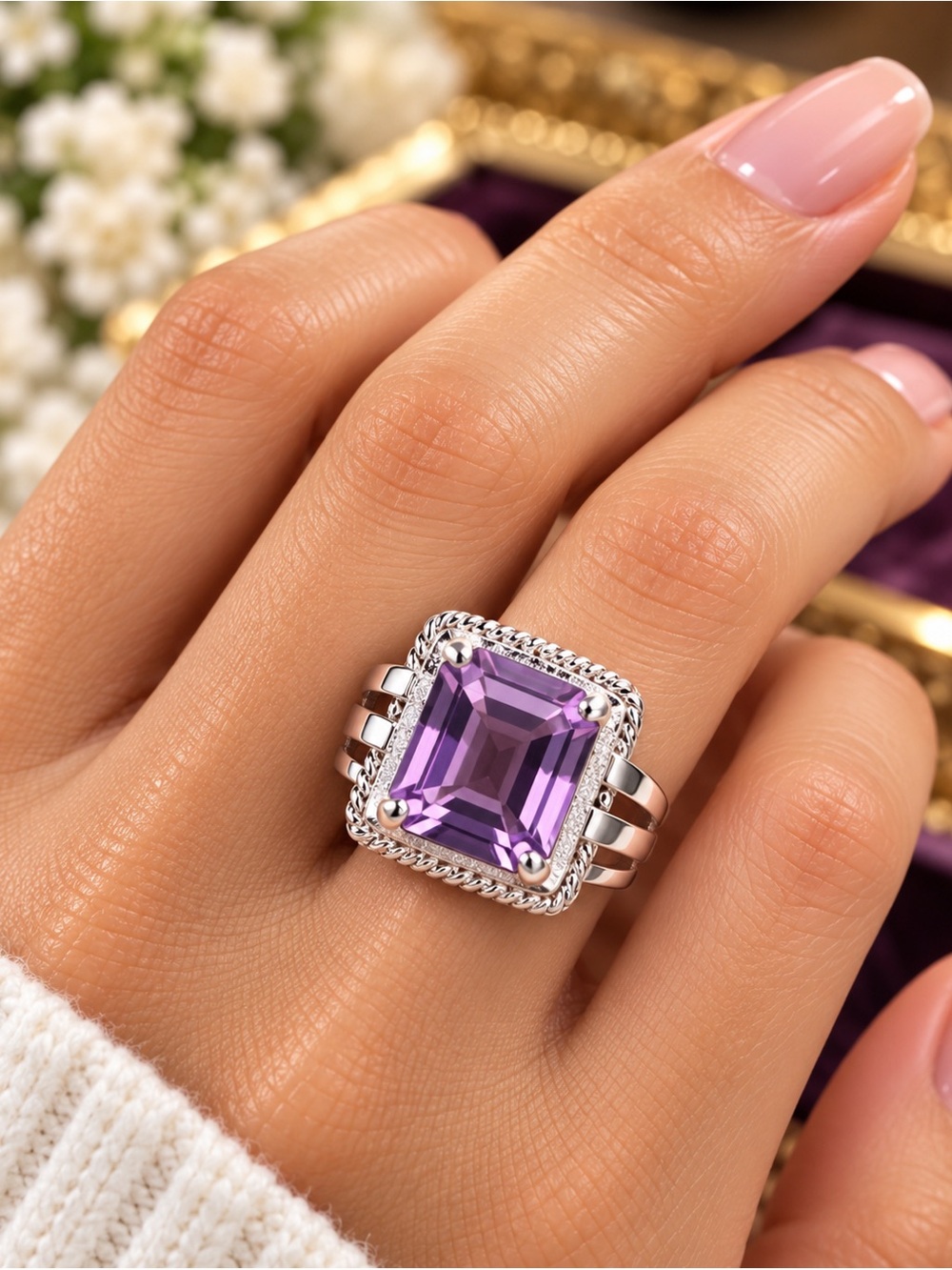 Sterling Silver 925 Square Amethyst-Color Statement Ring